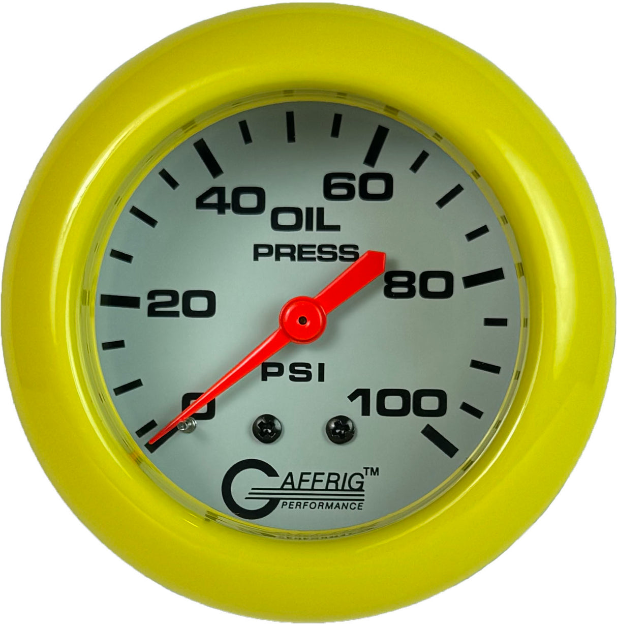 GAFFRIG PART 2 5/8 INCH MECHANICAL OIL PRESSURE 0-100 PSI WHITE / YELLOW