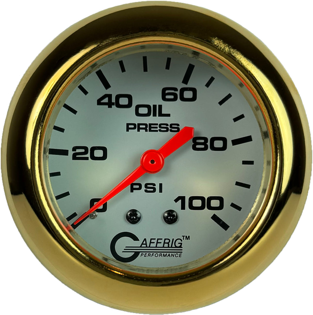 GAFFRIG PART 2 5/8 INCH MECHANICAL OIL PRESSURE 0-100 PSI WHITE / GOLD