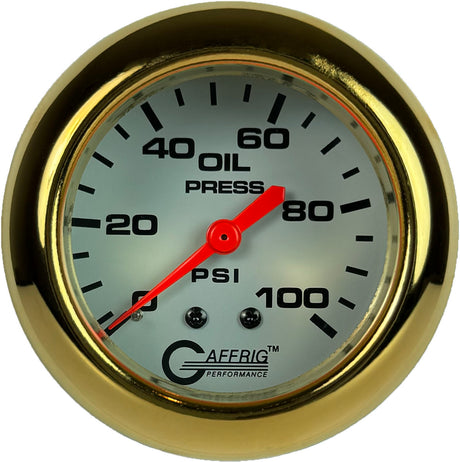 GAFFRIG PART 2 5/8 INCH MECHANICAL OIL PRESSURE 0-100 PSI WHITE / GOLD