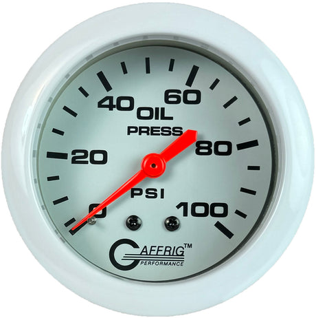 GAFFRIG PART 2 5/8 INCH MECHANICAL OIL PRESSURE 0-100 PSI WHITE / NO FAT RIM (STANDARD)