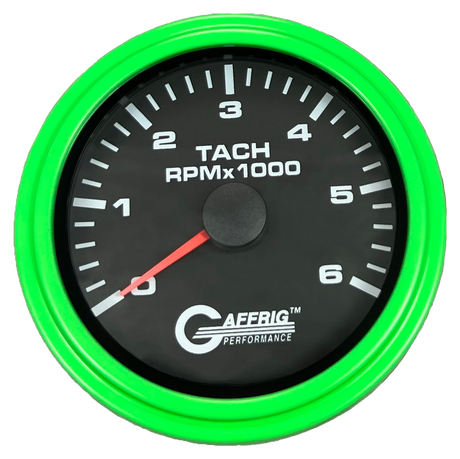 GAFFRIG 3 3/8 INCH TACHOMETER GAUGE 6000, 8000 & 10000 RPM BLACK 6000 / STEP RIM (008) / LIME GREEN