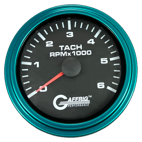 GAFFRIG 3 3/8 INCH TACHOMETER GAUGE 6000, 8000 & 10000 RPM BLACK 6000 / STEP RIM (008) / TEAL