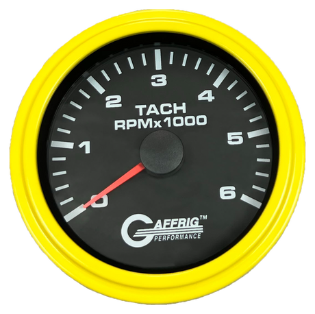 GAFFRIG 3 3/8 INCH TACHOMETER GAUGE 6000, 8000 & 10000 RPM BLACK 6000 / STEP RIM (008) / YELLOW