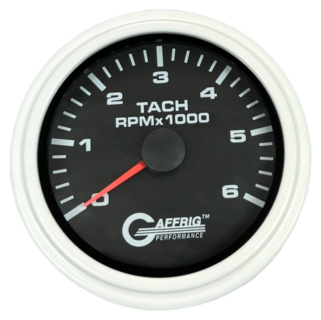 GAFFRIG 3 3/8 INCH TACHOMETER GAUGE 6000, 8000 & 10000 RPM BLACK 6000 / STEP RIM (008) / WHITE