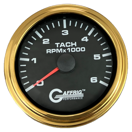 GAFFRIG 3 3/8 INCH TACHOMETER GAUGE 6000, 8000 & 10000 RPM BLACK 6000 / STEP RIM (008) / GOLD