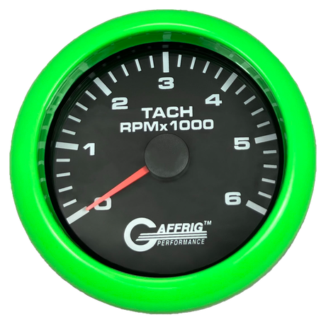 GAFFRIG 3 3/8 INCH TACHOMETER GAUGE 6000, 8000 & 10000 RPM BLACK 6000 / FAT RIM (338) / LIME GREEN