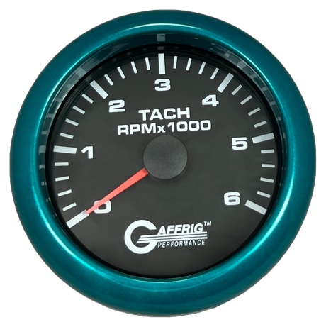 GAFFRIG 3 3/8 INCH TACHOMETER GAUGE 6000, 8000 & 10000 RPM BLACK 6000 / FAT RIM (338) / TEAL