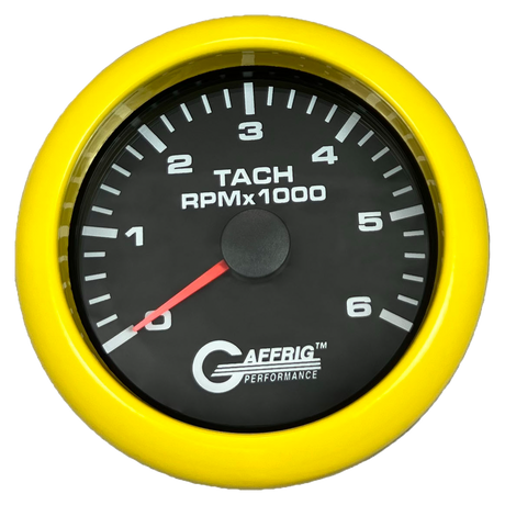 GAFFRIG 3 3/8 INCH TACHOMETER GAUGE 6000, 8000 & 10000 RPM BLACK 6000 / FAT RIM (338) / YELLOW