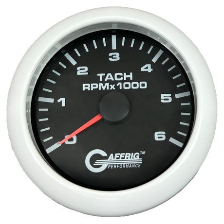 GAFFRIG 3 3/8 INCH TACHOMETER GAUGE 6000, 8000 & 10000 RPM BLACK 6000 / FAT RIM (338) / WHITE