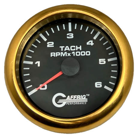 GAFFRIG 3 3/8 INCH TACHOMETER GAUGE 6000, 8000 & 10000 RPM BLACK 6000 / FAT RIM (338) / GOLD