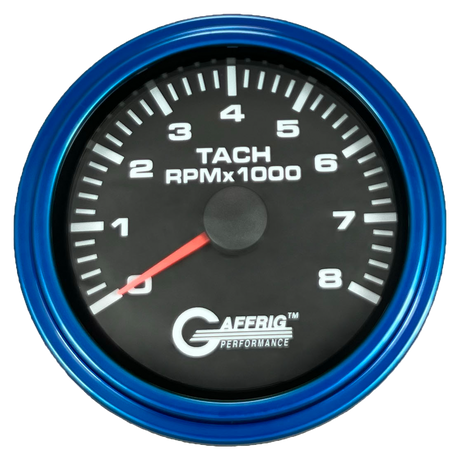 GAFFRIG 3 3/8 INCH TACHOMETER GAUGE 6000, 8000 & 10000 RPM BLACK 8000 / STEP RIM (008) / BLUE