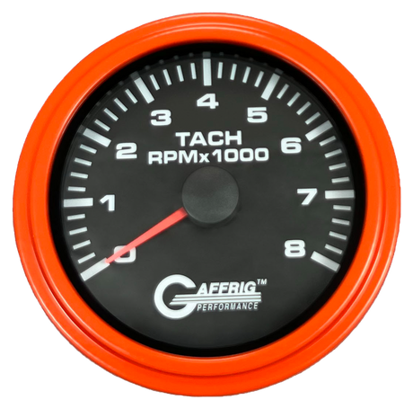 GAFFRIG 3 3/8 INCH TACHOMETER GAUGE 6000, 8000 & 10000 RPM BLACK 8000 / STEP RIM (008) / ORANGE