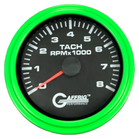 GAFFRIG 3 3/8 INCH TACHOMETER GAUGE 6000, 8000 & 10000 RPM BLACK 8000 / STEP RIM (008) / LIME GREEN