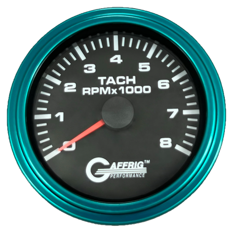 GAFFRIG 3 3/8 INCH TACHOMETER GAUGE 6000, 8000 & 10000 RPM BLACK 8000 / STEP RIM (008) / TEAL