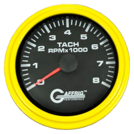 GAFFRIG 3 3/8 INCH TACHOMETER GAUGE 6000, 8000 & 10000 RPM BLACK 8000 / STEP RIM (008) / YELLOW