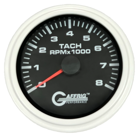 GAFFRIG 3 3/8 INCH TACHOMETER GAUGE 6000, 8000 & 10000 RPM BLACK 8000 / STEP RIM (008) / WHITE