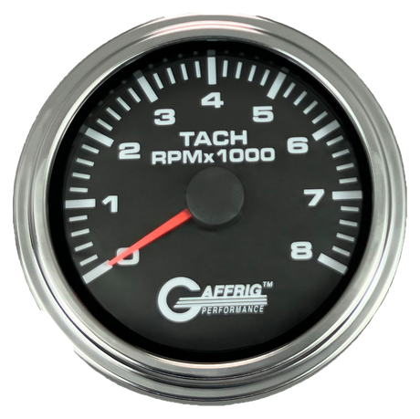 GAFFRIG 3 3/8 INCH TACHOMETER GAUGE 6000, 8000 & 10000 RPM BLACK 8000 / STEP RIM (008) / CHROME/POLISHED