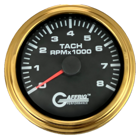 GAFFRIG 3 3/8 INCH TACHOMETER GAUGE 6000, 8000 & 10000 RPM BLACK 8000 / STEP RIM (008) / GOLD