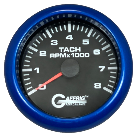 GAFFRIG 3 3/8 INCH TACHOMETER GAUGE 6000, 8000 & 10000 RPM BLACK 8000 / FAT RIM (338) / BLUE