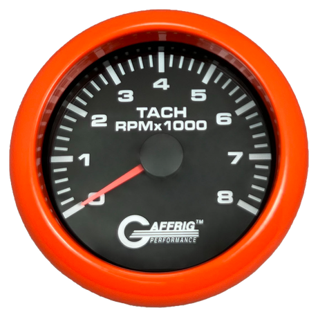 GAFFRIG 3 3/8 INCH TACHOMETER GAUGE 6000, 8000 & 10000 RPM BLACK 8000 / FAT RIM (338) / ORANGE