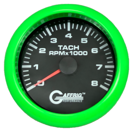 GAFFRIG 3 3/8 INCH TACHOMETER GAUGE 6000, 8000 & 10000 RPM BLACK 8000 / FAT RIM (338) / LIME GREEN