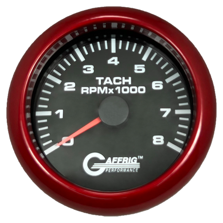 GAFFRIG 3 3/8 INCH TACHOMETER GAUGE 6000, 8000 & 10000 RPM BLACK 8000 / FAT RIM (338) / RED