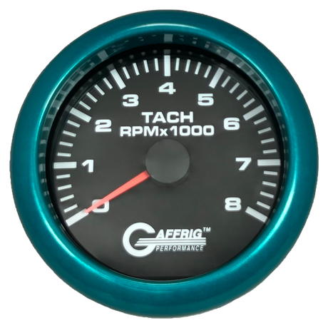 GAFFRIG 3 3/8 INCH TACHOMETER GAUGE 6000, 8000 & 10000 RPM BLACK 8000 / FAT RIM (338) / TEAL