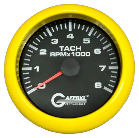 GAFFRIG 3 3/8 INCH TACHOMETER GAUGE 6000, 8000 & 10000 RPM BLACK 8000 / FAT RIM (338) / YELLOW