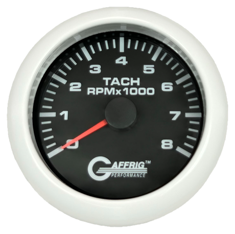 GAFFRIG 3 3/8 INCH TACHOMETER GAUGE 6000, 8000 & 10000 RPM BLACK 8000 / FAT RIM (338) / WHITE