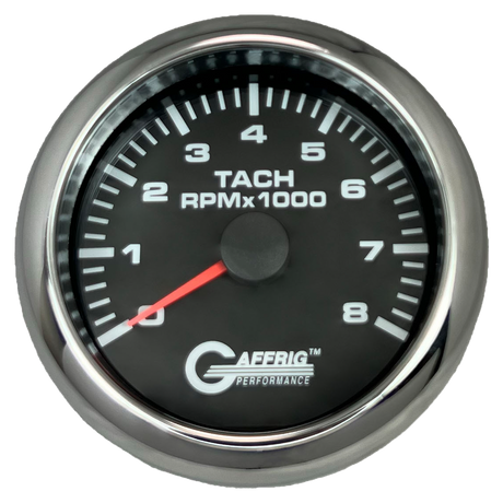 GAFFRIG 3 3/8 INCH TACHOMETER GAUGE 6000, 8000 & 10000 RPM BLACK 8000 / FAT RIM (338) / CHROME/POLISHED