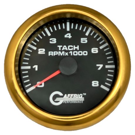 GAFFRIG 3 3/8 INCH TACHOMETER GAUGE 6000, 8000 & 10000 RPM BLACK 8000 / FAT RIM (338) / GOLD