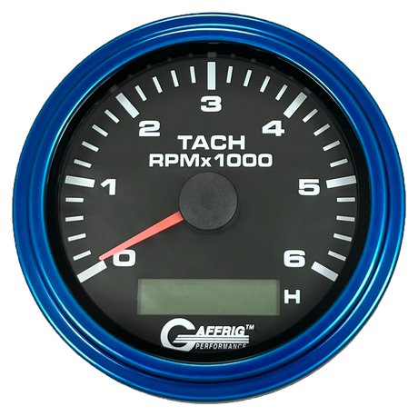 GAFFRIG 3 3/8 INCH ELECTRIC TACH/HOUR METER 6000 & 8000 RPM BLACK STEP RIM (008) / BLUE / 6000