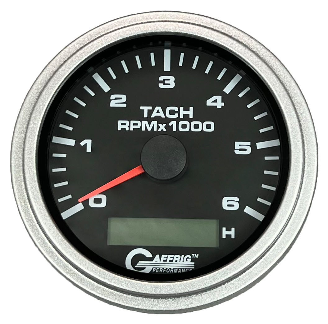 GAFFRIG 3 3/8 INCH ELECTRIC TACH/HOUR METER 6000 & 8000 RPM BLACK STEP RIM (008) / PLATINUM / 6000