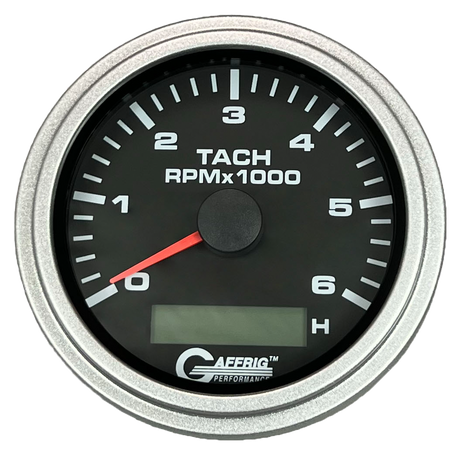 GAFFRIG 3 3/8 INCH ELECTRIC TACH/HOUR METER 6000 & 8000 RPM BLACK STEP RIM (008) / PLATINUM / 6000