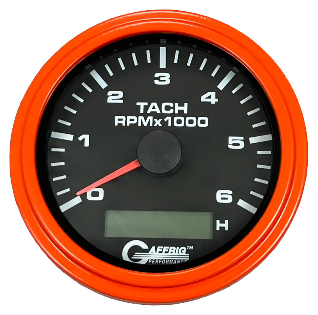 GAFFRIG 3 3/8 INCH ELECTRIC TACH/HOUR METER 6000 & 8000 RPM BLACK STEP RIM (008) / ORANGE / 6000