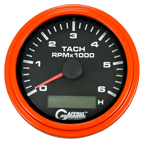 GAFFRIG 3 3/8 INCH ELECTRIC TACH/HOUR METER 6000 & 8000 RPM BLACK STEP RIM (008) / ORANGE / 6000