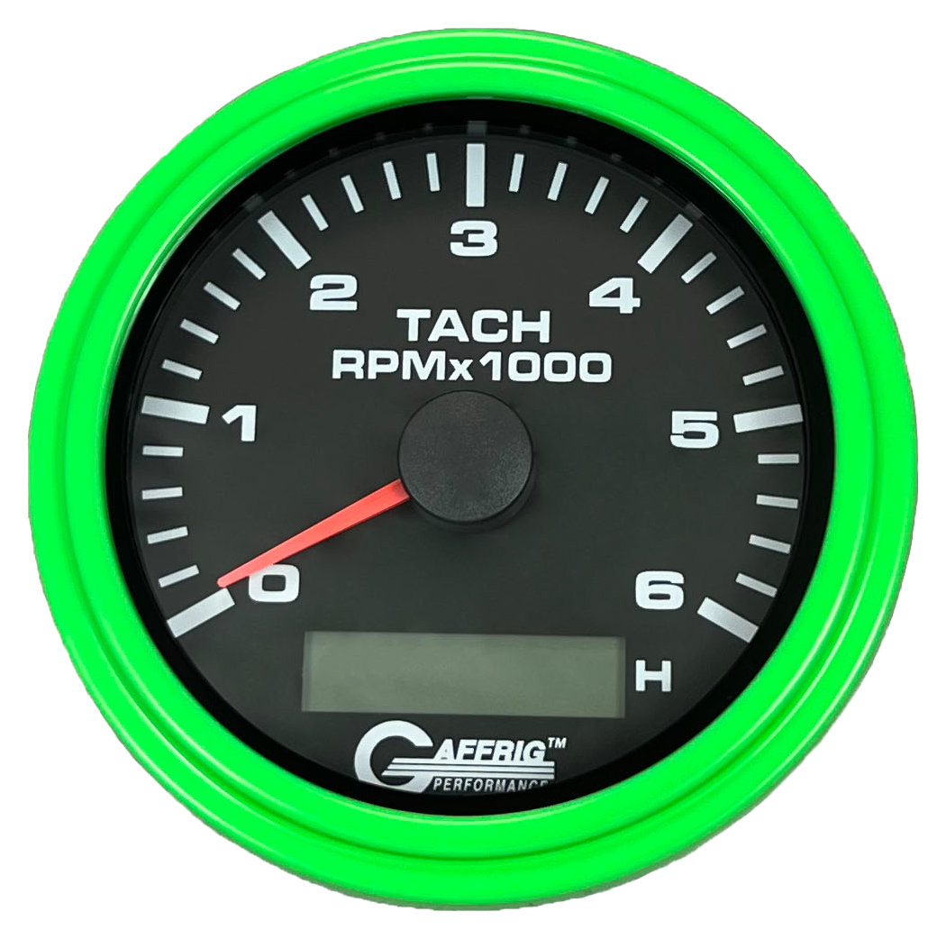 GAFFRIG 3 3/8 INCH ELECTRIC TACH/HOUR METER 6000 & 8000 RPM BLACK STEP RIM (008) / LIME GREEN / 6000