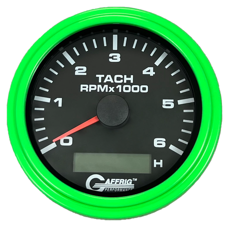 GAFFRIG 3 3/8 INCH ELECTRIC TACH/HOUR METER 6000 & 8000 RPM BLACK STEP RIM (008) / LIME GREEN / 6000