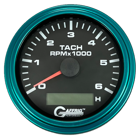 GAFFRIG 3 3/8 INCH ELECTRIC TACH/HOUR METER 6000 & 8000 RPM BLACK STEP RIM (008) / TEAL / 6000