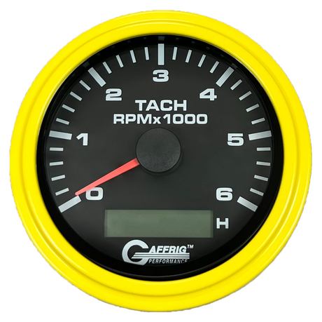 GAFFRIG 3 3/8 INCH ELECTRIC TACH/HOUR METER 6000 & 8000 RPM BLACK STEP RIM (008) / YELLOW / 6000