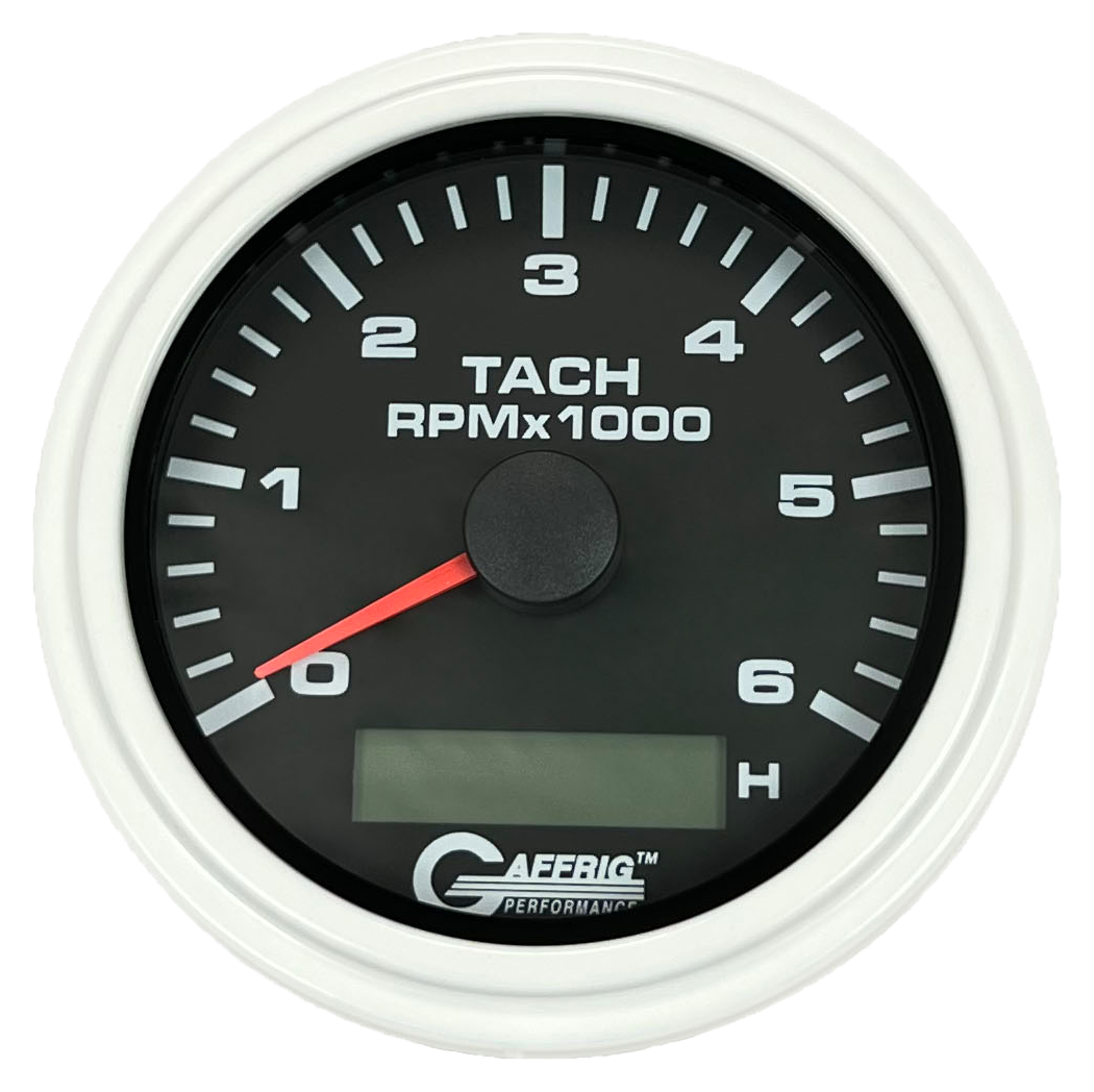 GAFFRIG 3 3/8 INCH ELECTRIC TACH/HOUR METER 6000 & 8000 RPM BLACK STEP RIM (008) / WHITE / 6000