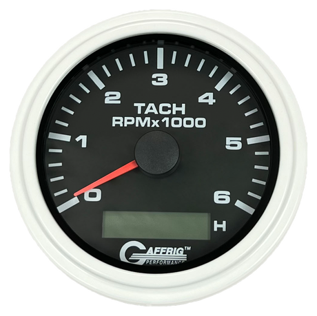 GAFFRIG 3 3/8 INCH ELECTRIC TACH/HOUR METER 6000 & 8000 RPM BLACK STEP RIM (008) / WHITE / 6000