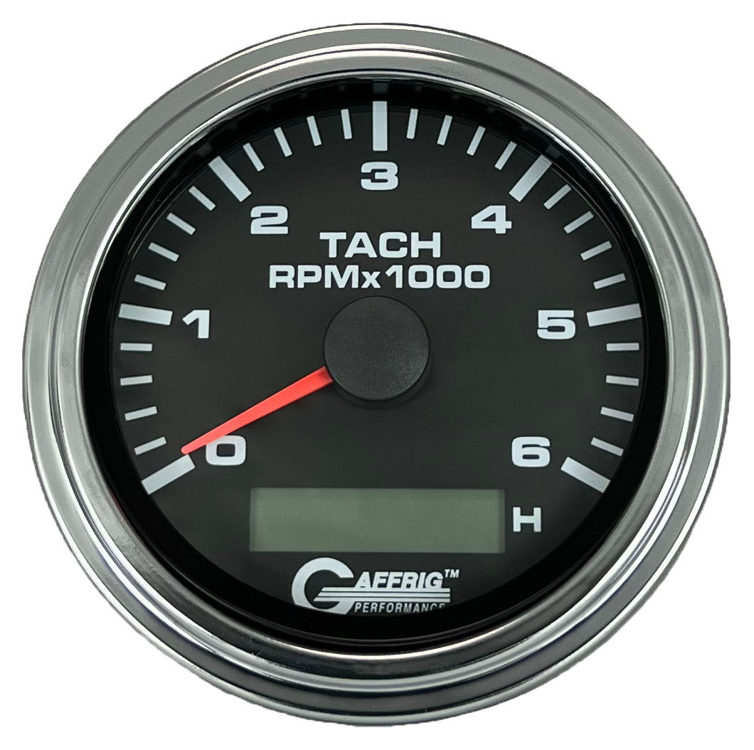 GAFFRIG 3 3/8 INCH ELECTRIC TACH/HOUR METER 6000 & 8000 RPM BLACK STEP RIM (008) / CHROME/POLISHED / 6000