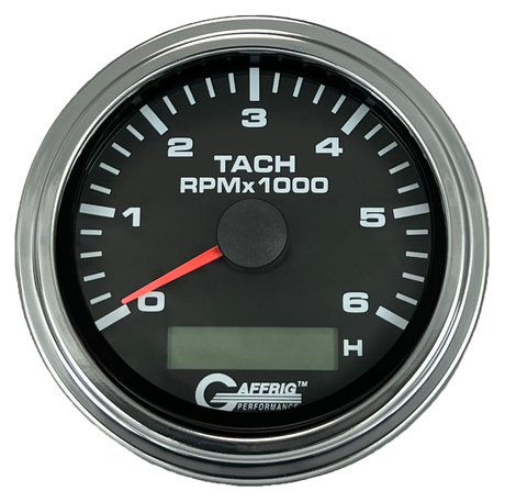 GAFFRIG 3 3/8 INCH ELECTRIC TACH/HOUR METER 6000 & 8000 RPM BLACK STEP RIM (008) / CHROME/POLISHED / 6000