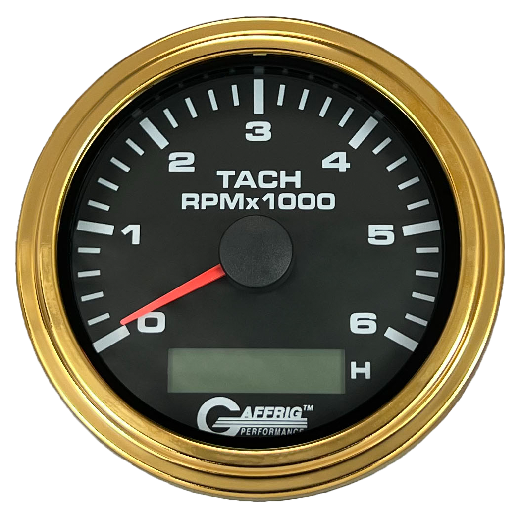 GAFFRIG 3 3/8 INCH ELECTRIC TACH/HOUR METER 6000 & 8000 RPM BLACK STEP RIM (008) / GOLD / 6000