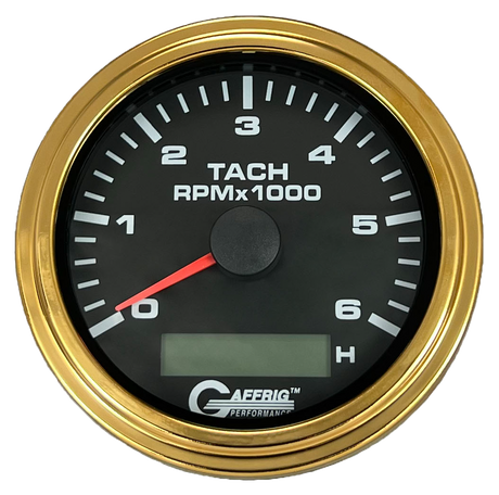 GAFFRIG 3 3/8 INCH ELECTRIC TACH/HOUR METER 6000 & 8000 RPM BLACK STEP RIM (008) / GOLD / 6000