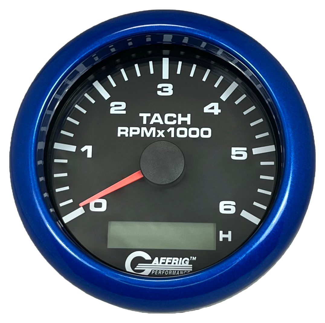 GAFFRIG 3 3/8 INCH ELECTRIC TACH/HOUR METER 6000 & 8000 RPM BLACK FAT RIM (338) / BLUE / 6000