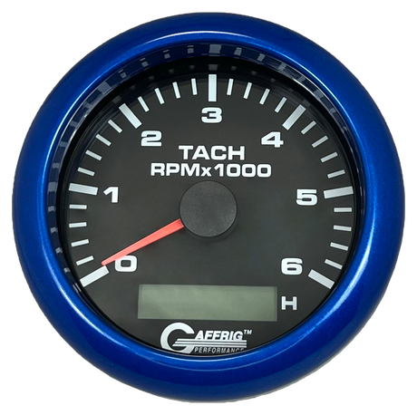 GAFFRIG 3 3/8 INCH ELECTRIC TACH/HOUR METER 6000 & 8000 RPM BLACK FAT RIM (338) / BLUE / 6000