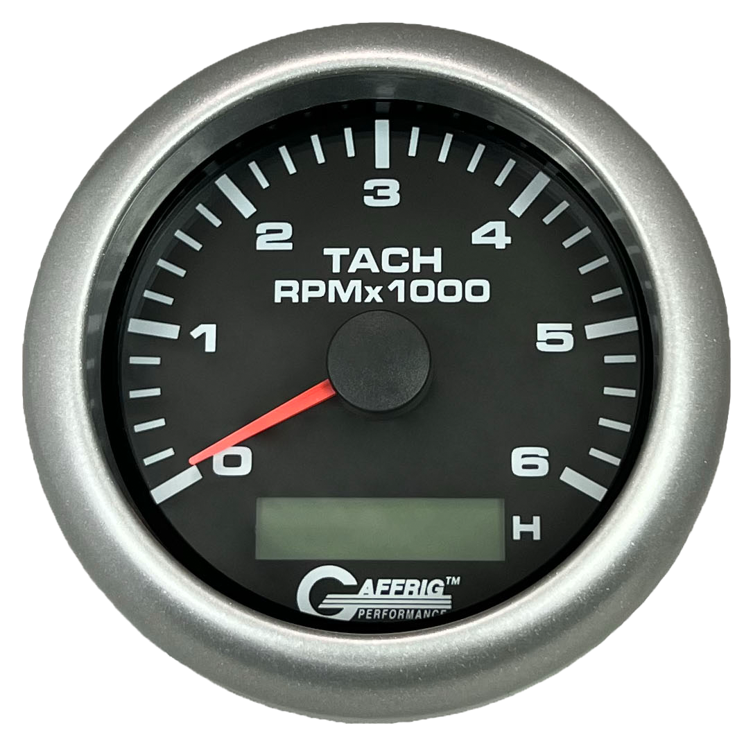 GAFFRIG 3 3/8 INCH ELECTRIC TACH/HOUR METER 6000 & 8000 RPM BLACK FAT RIM (338) / PLATINUM / 6000