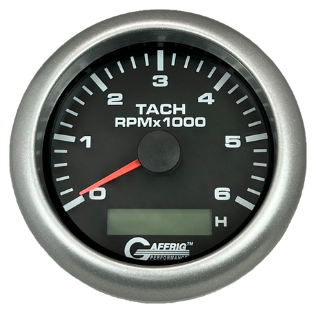 GAFFRIG 3 3/8 INCH ELECTRIC TACH/HOUR METER 6000 & 8000 RPM BLACK FAT RIM (338) / PLATINUM / 6000